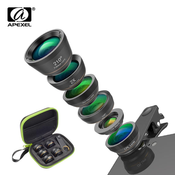 Telefooncamera Lenskit 6 in 1 Fish Eye-lens 210 graden groothoek macrolens CPL / sterfilter 2x tele